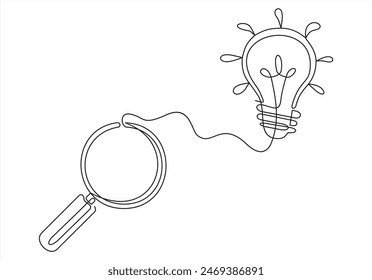Bulb and magnifying Vector combined.Idea Find Symbol for Innovation, Research, Solution, inspiration, Analysis, Intelligence, Invention, Finder.Continuous line drawing