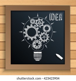 Bulb mechanism with cogs and gears written by chalk on blackboard.vector