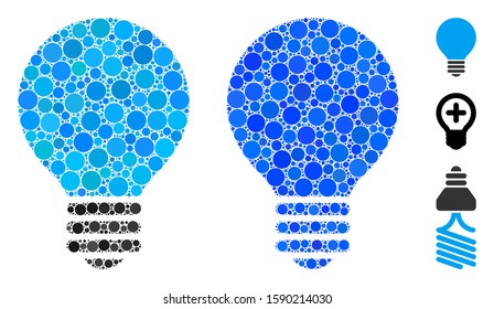 Bulb mosaic of filled circles in different sizes and color hues, based on bulb icon. Vector small circles are grouped into blue mosaic. Dotted bulb icon in usual and blue versions.