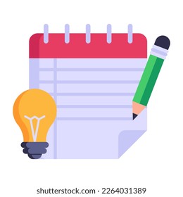Bulb, notepad and pencil, concept of writing inspiration flat icon 
