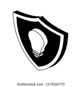 Bulb on shield isometric symbol in black and white