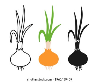 Bulb onion beet cartoon set, line icon, black glyph style. Onion organic food. Rural healthy vegetable collection. Hand drawn garden agriculture concepts vector illustration