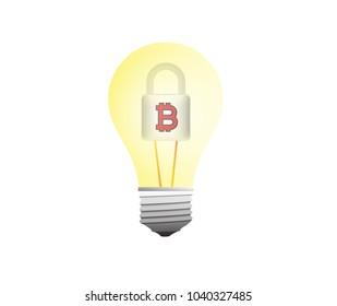 Bulb with padlock and bitcoin cryptocurrency symbol in vector graphics