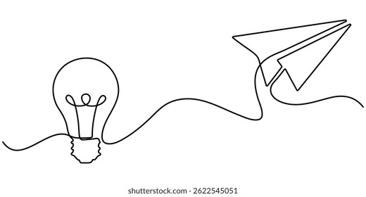 Lampe mit Papier Plan kontinuierliche eine Zeile Glühbirne, Kreativität, Aspirationen kontinuierliche Linie Symbol, kontinuierliche Linie Zeichnung Papier Ebene, Geist, und Glühbirne. Zielseitenvektor der Strategie für kreative Lösungen.