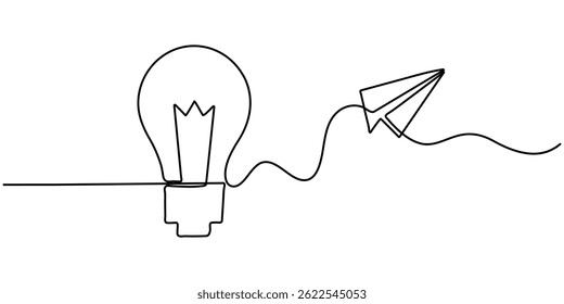 bulb with paper plan continuous one line Light Bulb, Creativity, Aspirations Continuous Line Icon, Continuous line drawing paper plane, mind, and bulb. Creative solution strategy landing page vector.