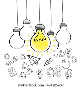 bulb paperplane gears rocket big and great idea creativity icon set. Sketch and draw design. Vector illustration