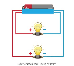 Bulb in parallel connection vector illustration.Physics lab tutorials.parallel circuit diagram light bulb