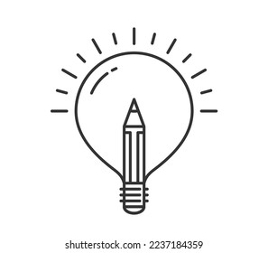 Bulb with pencil inside, creative idea or education concept, line icon, vector eps10 illustration