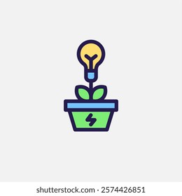 Bulb and plant in a pot icon flat, free energy, ecology, renewable and green energy concept. Outline and filled colourful icon.
