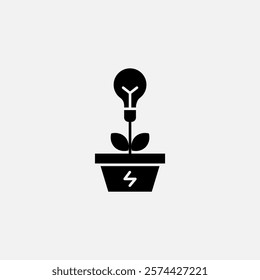 Bulb and plant in a pot icon glyph, free energy, ecology, renewable and green energy concept. Solid black icon.