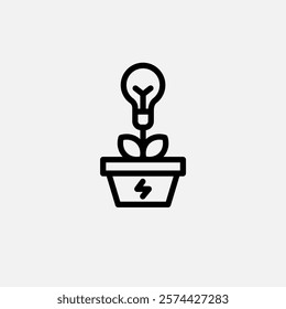 Bulb and plant in a pot icon line, free energy, ecology, renewable and green energy concept. Linear and lineart icon.