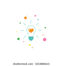  bulb with rays and orange heart inside. flat icon. Isolated on white.  New business idea. New technology. Idea. Design thinking. Vector illustration. love technology