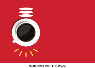 Coffee​ cup​ like​ bulb, get​ ideas.​ Realistic top view of black coffee in white cup with saucer isolated on red background. Template with copy space for your text. vector illustration