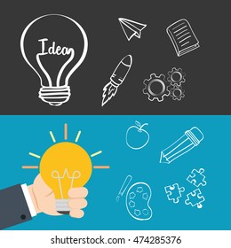 bulb rocket apple paint gear puzzle big and great idea creativity icon set. Sketch and draw design. Vector illustration