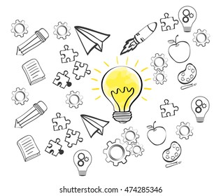 bulb rocket apple puzzle gear big and great idea creativity icon set. Sketch and draw design. Vector illustration