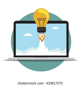 Bulb Rocket fly out the laptop. Vector illustration