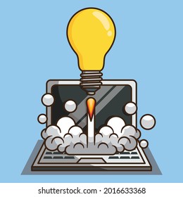 Bulb Rocket Launching On Laptop Vector Design Illustration