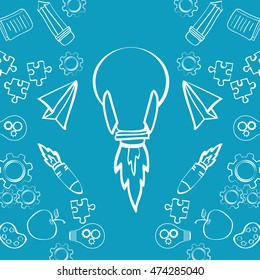 bulb rocket paperplane puzzle gears pencil apple big and great idea creativity icon set. Sketch and draw design. Vector illustration