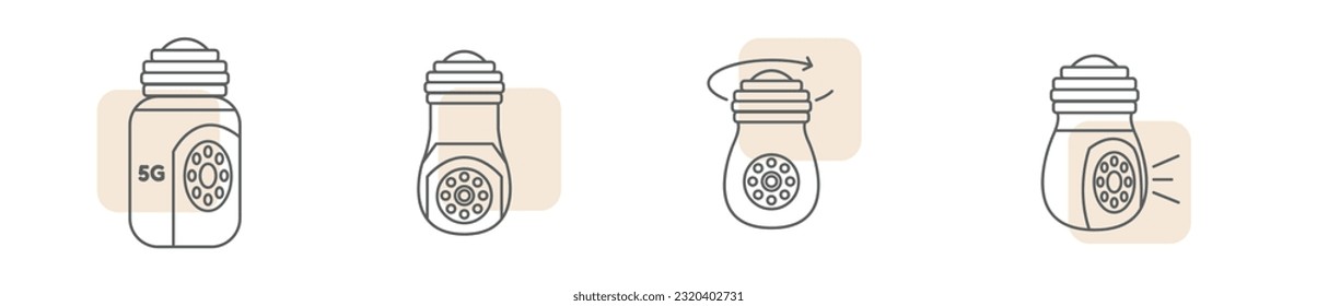 Cámara de seguridad Bulb conjunto de iconos de línea moderna, concepto de cámara de vídeo, iconos de bombilla, emblemas de intercomunicación de visión nocturna, símbolos de cámara wifi remota aislados en fondo blanco