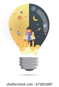Bulb shape,Start up concept. rocket flying on earth,paper art