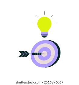 Bulb shines above a target with an arrow hitting the bullseye, symbolizing innovation, goal achievement, and business success. Flat vector illustration, isolated on a white background.