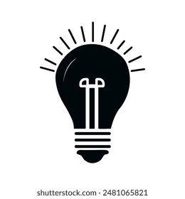 Icono de silueta de bombilla sobre fondo blanco. Símbolo de tecnología negro. Lámpara eléctrica, luz, pensamiento creativo, electricidad. Contorno, material, relleno y estilo de color plano.Diseño plano de Vector.