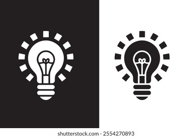 Bulb silhouette icon on white background. Black technology symbol. Electric lamp, light,creative thinking, electricity. Outline, stock, fill, and flat color style.Vector Flat design.