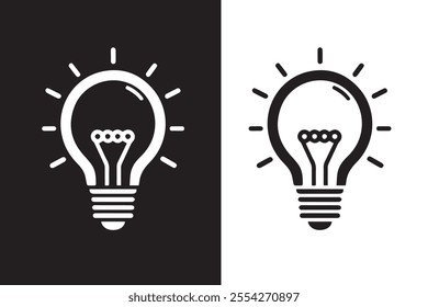 Bulb silhouette icon on white background. Black technology symbol. Electric lamp, light,creative thinking, electricity. Outline, stock, fill, and flat color style.Vector Flat design.