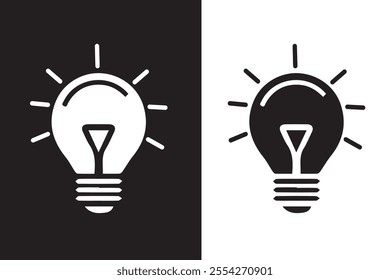 Bulb silhouette icon on white background. Black technology symbol. Electric lamp, light,creative thinking, electricity. Outline, stock, fill, and flat color style.Vector Flat design.