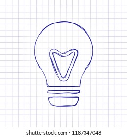 bulb, simple icon. Hand drawn picture on paper sheet. Blue ink, outline sketch style. Doodle on checkered background