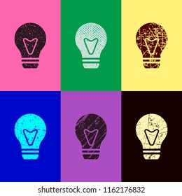 bulb, simple icon. Pop art style. Scratched icons on 6 colour backgrounds. 