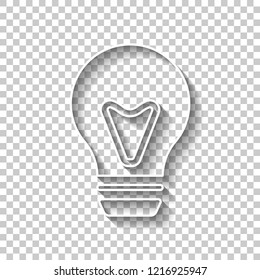 bulb, simple icon. White outline sign with shadow on transparent background