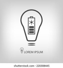 Bulb with solar battery  as logo with copyspace in grey colors. Idea of eco-friendly source of energy