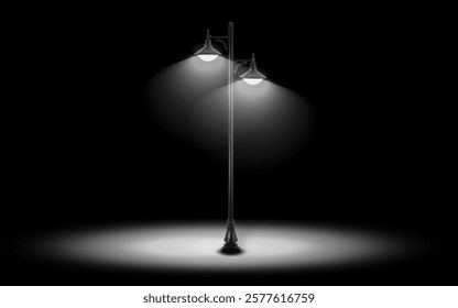 Bulb, spotlight idea. Spotlights or spotlight. vintage city street lights row working at night. Vector isolated set of realistic electrical lightning system with lampposts glowing in darkness