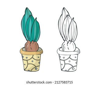 Bulb, spring flower pot doodle icon set. Outline logo hand drawn illustration, colored clipart. Decorative isolated elements. Spring pastel colors, green, yellow. White background. Vector, united line