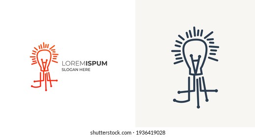 Bulb Con plantilla vectorial de diseño de logotipo de soporte. Plantilla de diseño de la bombilla de red. Idea o pensamiento creativos 