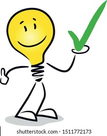 Bulb Stick Figure and Check Mark Icon. Vector drawing