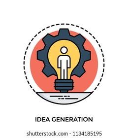 Bulb surrounded by processing cog with human avatar standing inside, formalizing icon for idea generation  