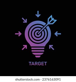 Bulb and target board icon with arrow vector icon. Bulb with a target board inside and arrow. Success and business goals concept. Colorful gradient sign on the black background. EPS 10