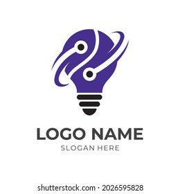 bulb and tech logo design with flat purple and black color style