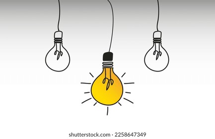 Bulb that differs from a group, on a grey background. Concept ideas, creativity, standing out in a working group.