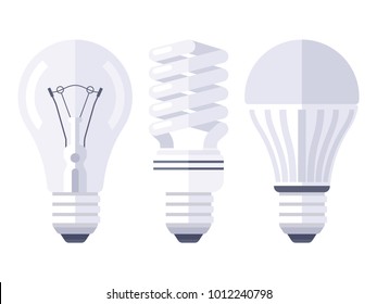 Bulb types flat design. Incandescent, fluorescent and LED lamp. Vector illustration