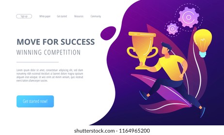 Bulb and user running with trophy cup. Move for success and winning competition landing page. Challenge and confidence, motivation and goals achievement. Vector illustration on ultraviolet background.