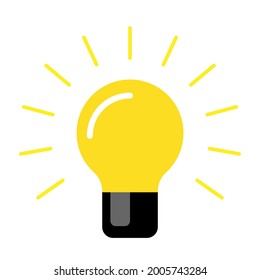 Bulb vector icon. Bright yellow light bulb isolated on a white background. Light bulb vector with electric inside and rays shine, idea, creative thinking. Idea concept, Flat vector design.