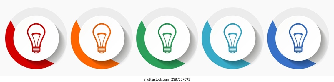 Bulb vector icon set, flat design colorful round icons in 5 color options for webdesign and mobile applications