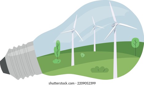 Bombilla. Ilustración vectorial que muestra la producción de electricidad limpia. turbinas eólicas de energía renovable. Turbinas eólicas de energía verde. Energía limpia. Salvemos el planeta. Eco