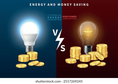 Comparação entre bulbo e led. Banner de economia de energia e dinheiro. Lâmpadas fluorescentes halogêneas realistas e moedas de pilha. Uso responsável de energia, estilo de vida ecológico. Equipamento de iluminação. Conceito de vetor