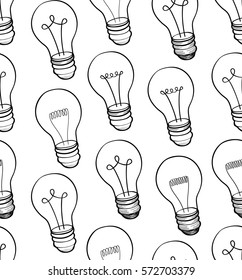 Bulb white background. Electric lamp seamless pattern. Doodle line sketch ornamental decor