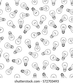 Bulb white background. Electric lamp seamless pattern. Doodle line sketch ornamental decor