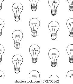 Bulb white background. Electric lamp seamless pattern. Doodle line sketch ornamental decor